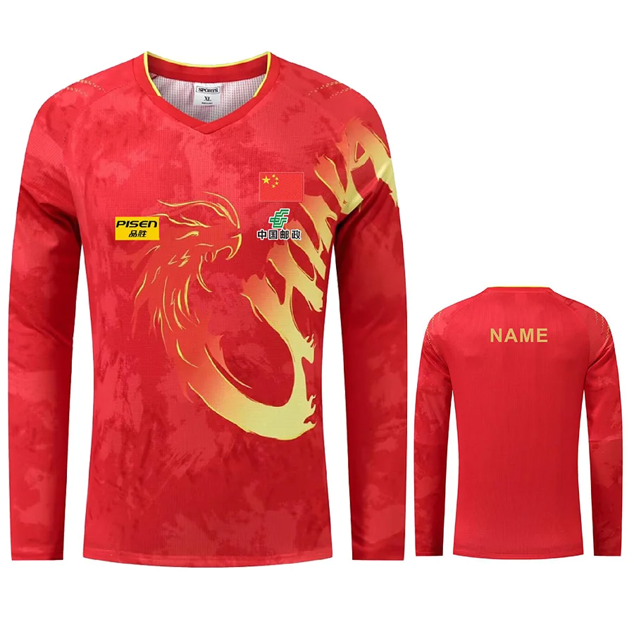 Custom Text Logo CHINA Wang C.Q. Dragon Championship Table Tennis long sleeved shirts for Men Women Children ping pong tshirt