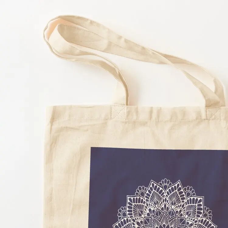 White mandala on midnight blue background Tote Bag tote bag custom shopping bags foldable Eco bag canvas tote