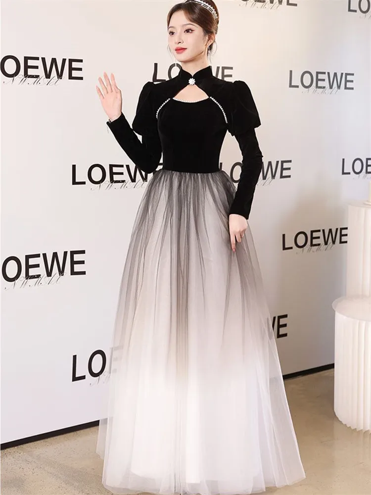 

Women's Dress Black Spliced Spring Autumn Nail Bead Stand Collar Long Sleeve Mesh A-line Skirt Temperament Female Clothing M158