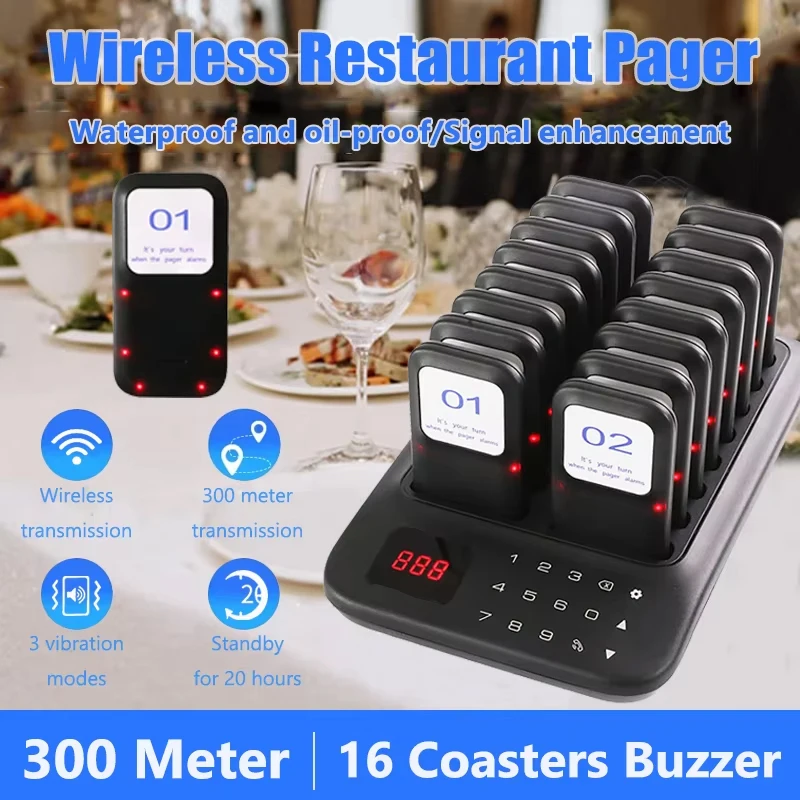 Wireless Restaurant Pager Waterproof 16 Coasters Buzzer Paging Guest Calling System for Coffee Dessert Burger Shop Food Truck