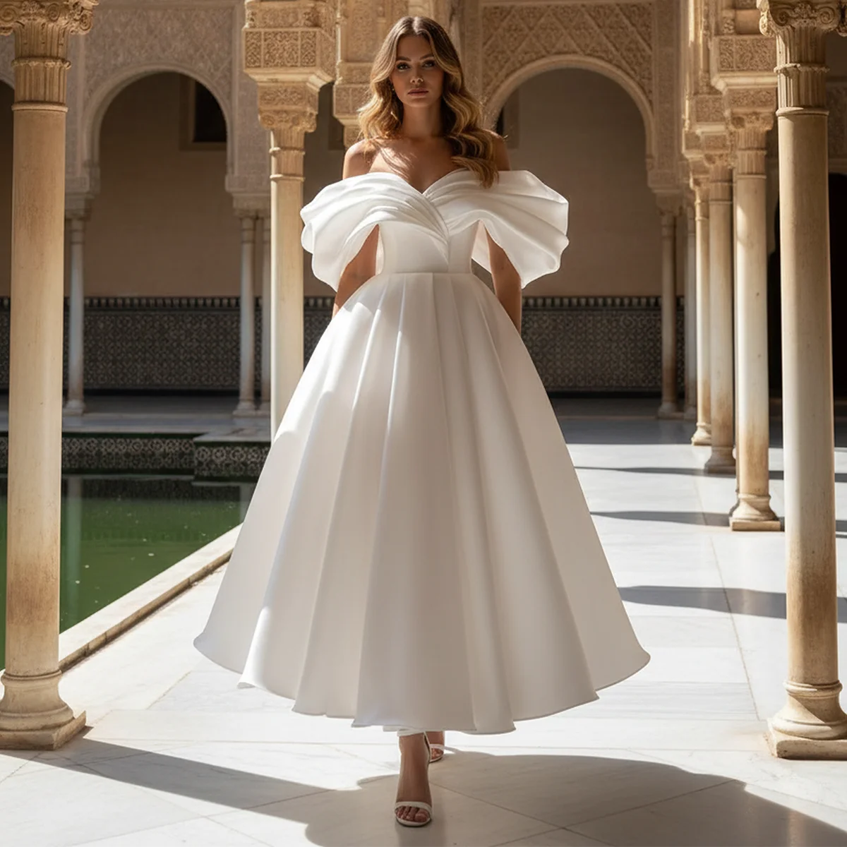 

Simple Teal Length Off Shoulder Wedding Dresses Vestidos Novia Satin Ball Gown For Bride Pleated Puffy Bridal Gown For Women