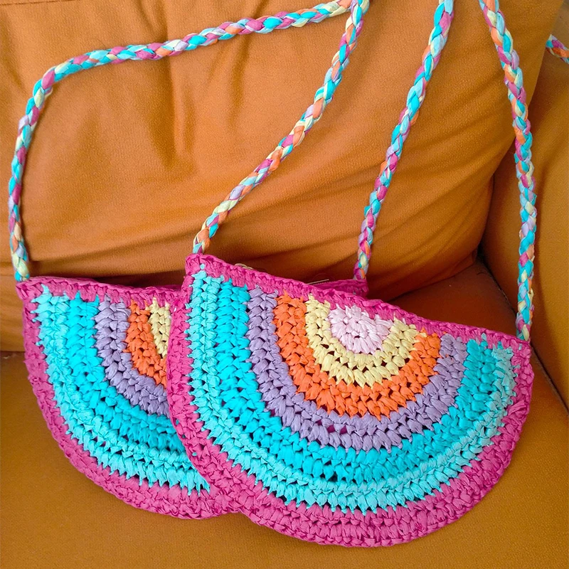 

Rainbow Straw Bag Dopamine Multicolor Crossbody Bag Summer New Woven Handbag Leisure Vacation Seaside Large Beach Bag Women Hot