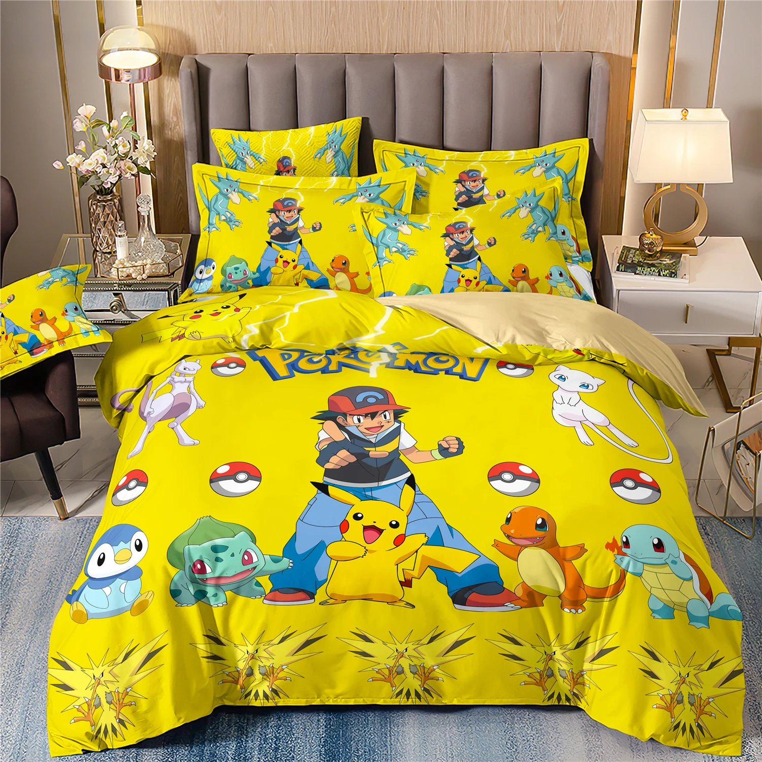 Pokemon 3D Pikachu Quilt Cover, Anime Printed Bedding for children boys girls adults ,Kids Bedding Set Holiday Gift