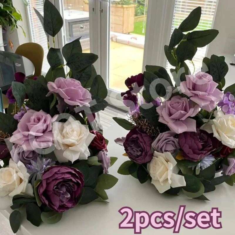 

2pcs Purple Rose Peony Large Simulation Flower Wedding Silk Plastic Artificial Flower Backdrop Fake Road Lead Flower Party Decor