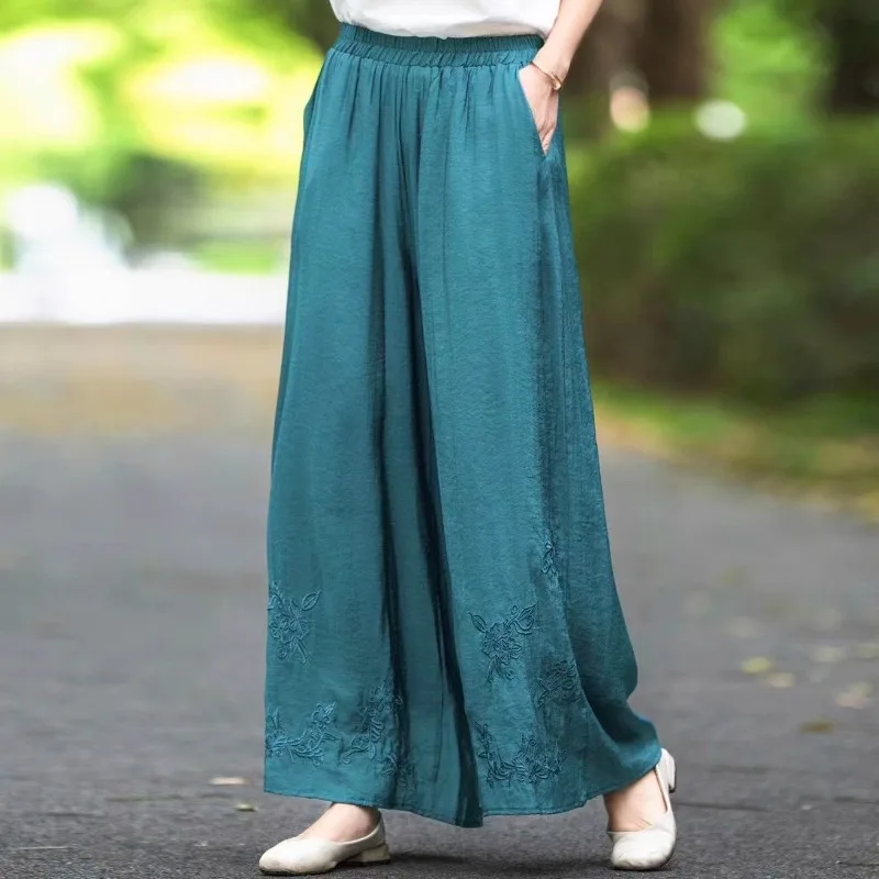 Women's Chinese Style Embroidered Wide Leg Pants Summer Thin Double Layer Loose Casual Trousers Vintage Ethnic Floral Pants