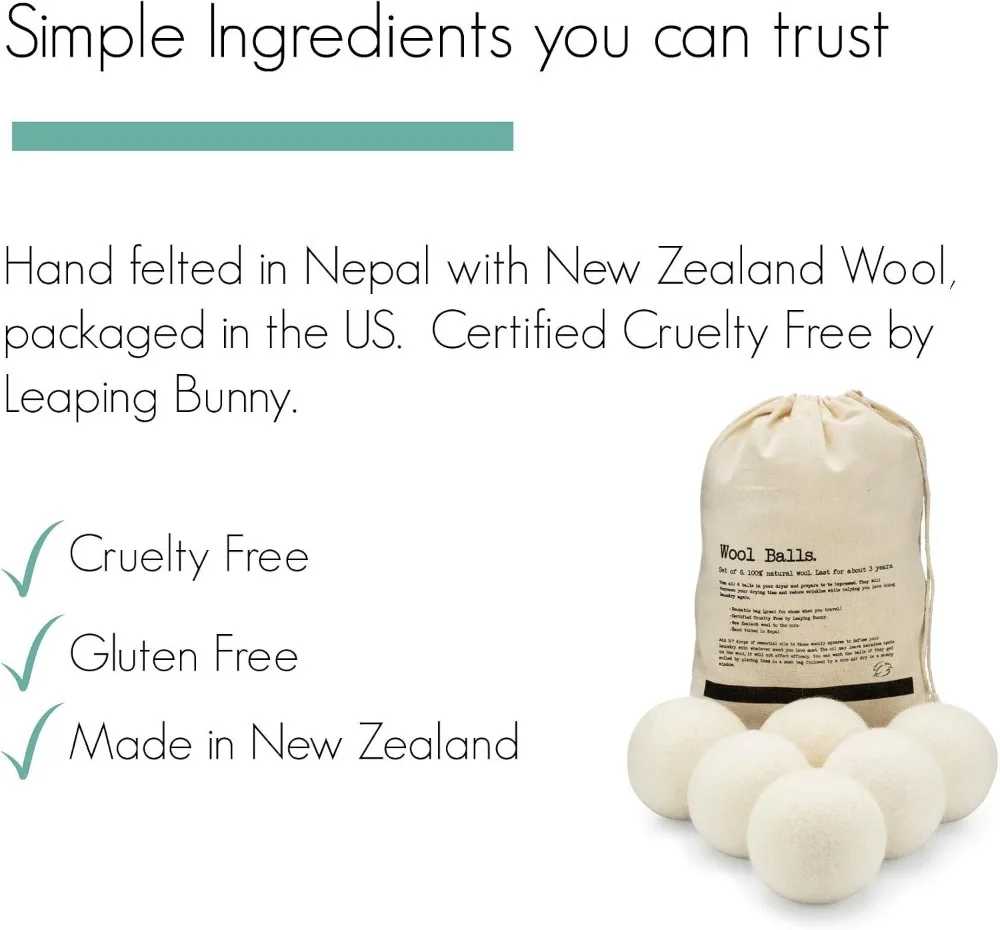 XL Wool Dryer Balls Set of 6 - Organic Fabric Softener, Hypoallergenic, Reusable, Reduce Drying Time