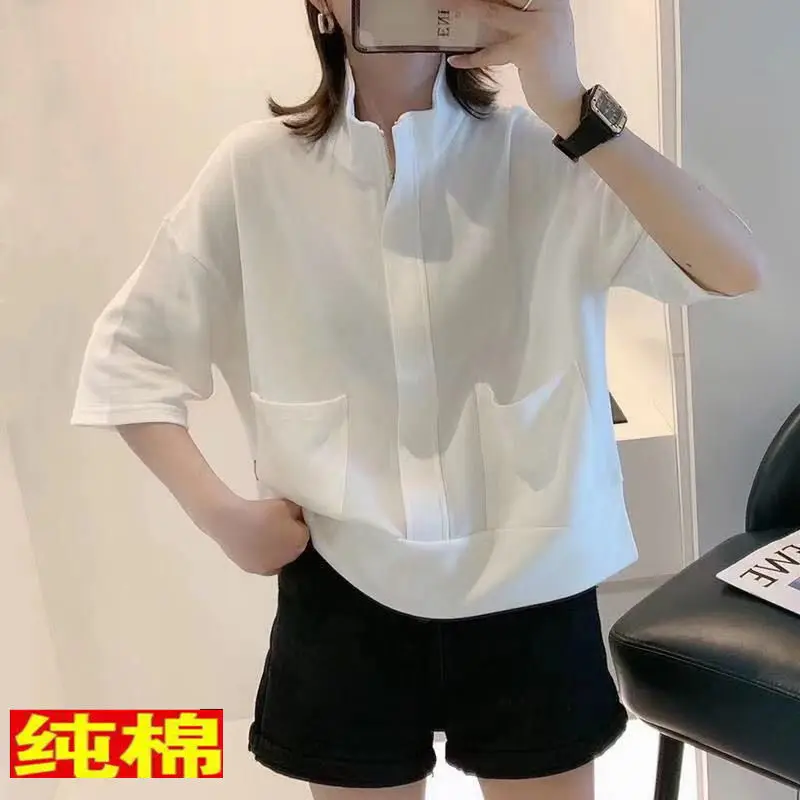 Cotton Short Sleeved T-shirt Women\'s 2022 Summer New Loose Fashion Stand Collar Zipper Top