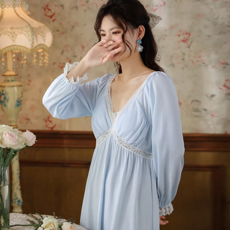 Court Style Elegant Nightdress For Women New Long Sleeve Spring Autumn Dress V Neck Cotton Night Wear Casual Nightgowns