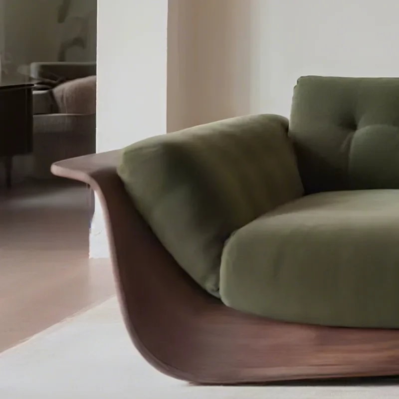 New Chinese Style Straight Solid Wood Sofa Dark Green Cotton Linen Fabric Living Room Furniture Wave Design Customizable