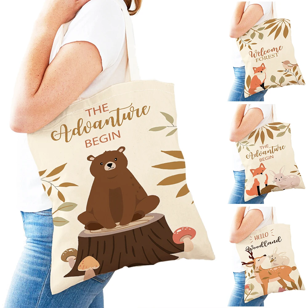 

Cute Catoon Bear Fox Women Shopper Bag Tote Handbag Animal Canvas Cloth Double Print Lady Shoulder Lady Shopping Bags Child Gift
