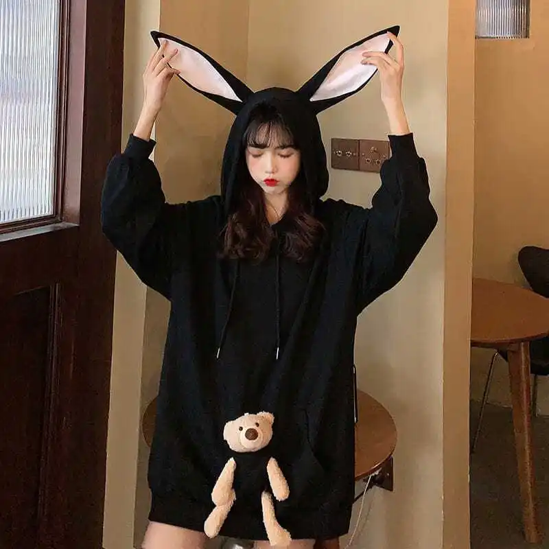 Autumn Winter Oversized Womens Hoodies Loose Sliming Pockets Bear Fashion Pullover Casual Hooded Jacket All-match Hoodie Women