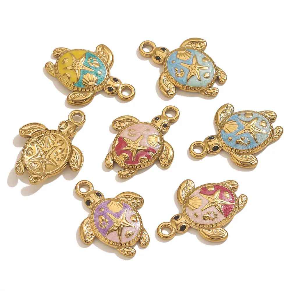 5 uds. De dijes de tortuga esmaltados en relieve de acero inoxidable, accesorios para hacer joyas, pulsera, collar, pendientes, llavero, Material
