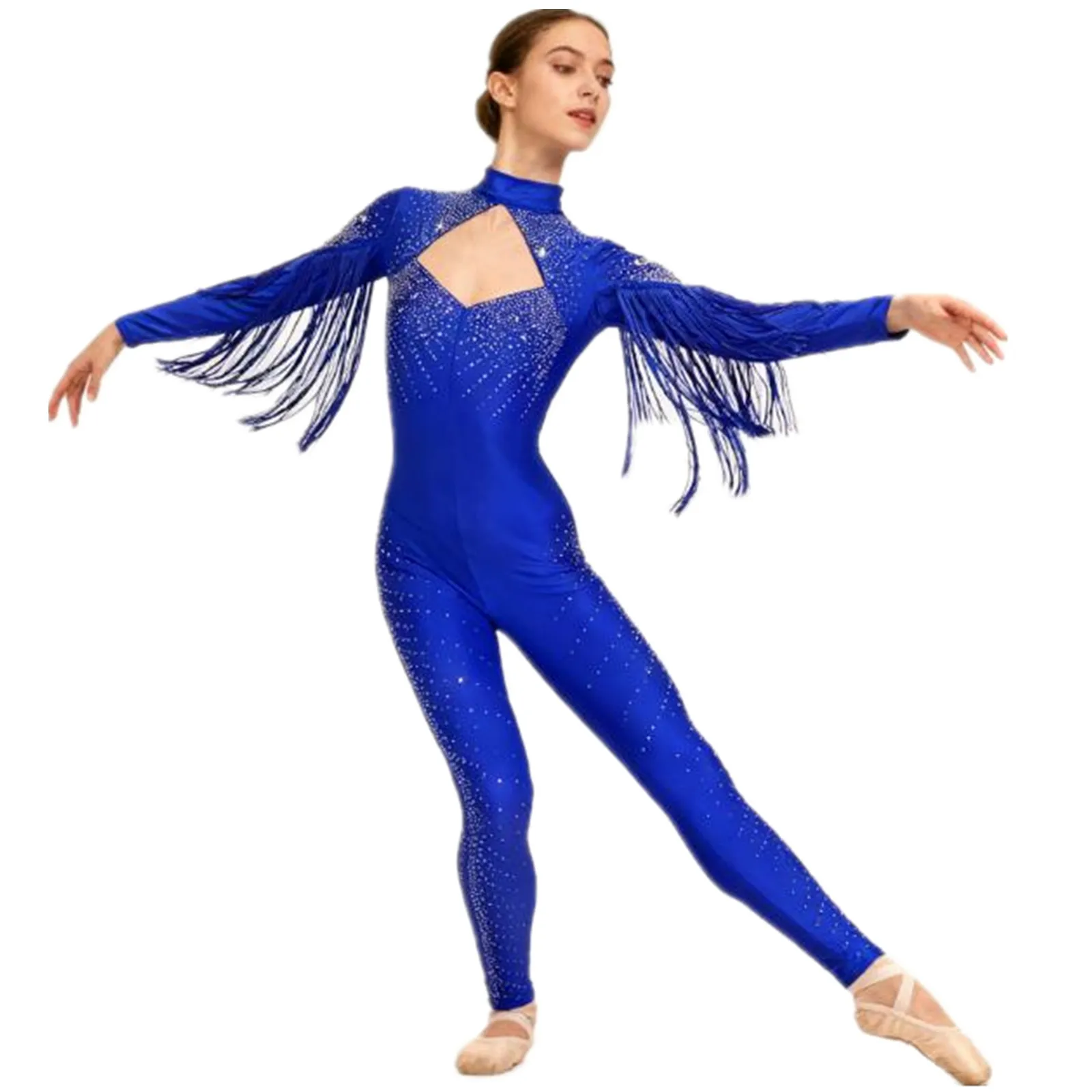 إمرأة الجمباز الفني الشكل التزلج زي الباليه الرقص Unitards بذلة لامعة حجر الراين شرابة ارتداءها السروال القصير