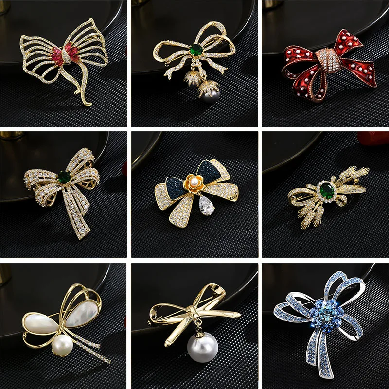 Броши «бант» с красивым Цирконом в виде ракушки, высококачественные женские аксессуары, булавка с перламутровым бантом и брошь, изысканные роскошные ювелирные изделия