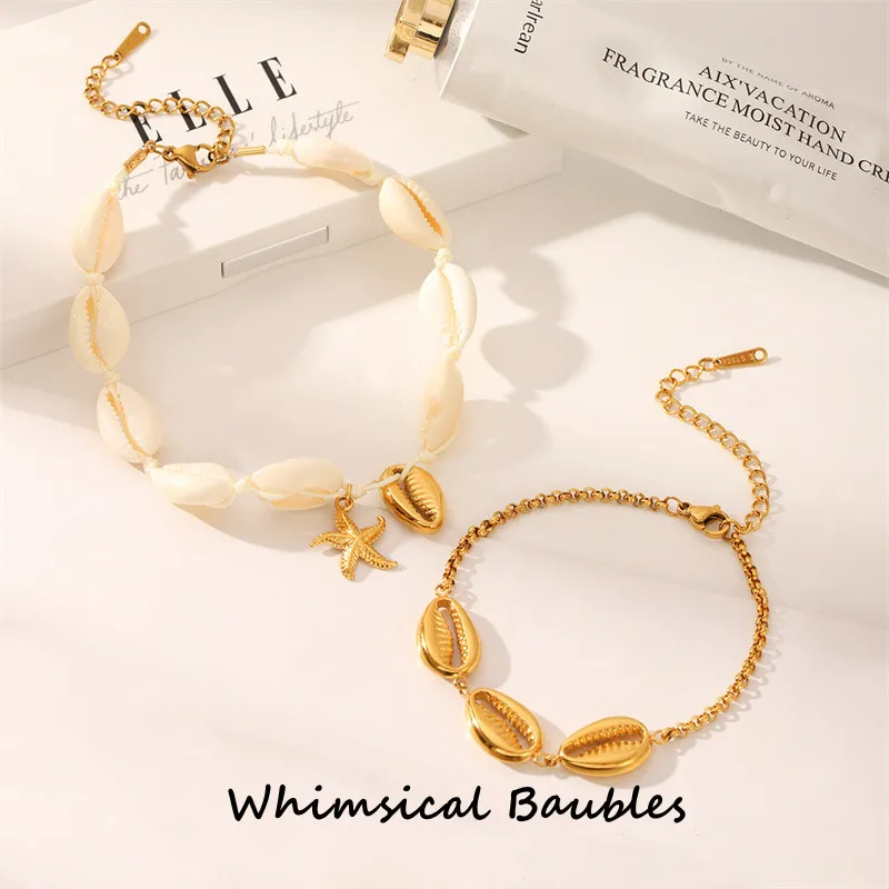

18K Gold Plated Summer Beach White Gold Shell Starfish Bracelet Stainless Steel Hypoallergenic Women Hand Jewelry