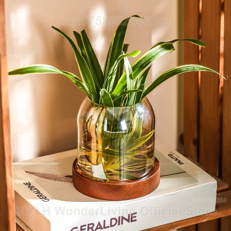 Hydroponic Glass Vase with Wooden Base Home Decor Glass Flower Arrangement Plant Cutting Propagation Station for Home Office