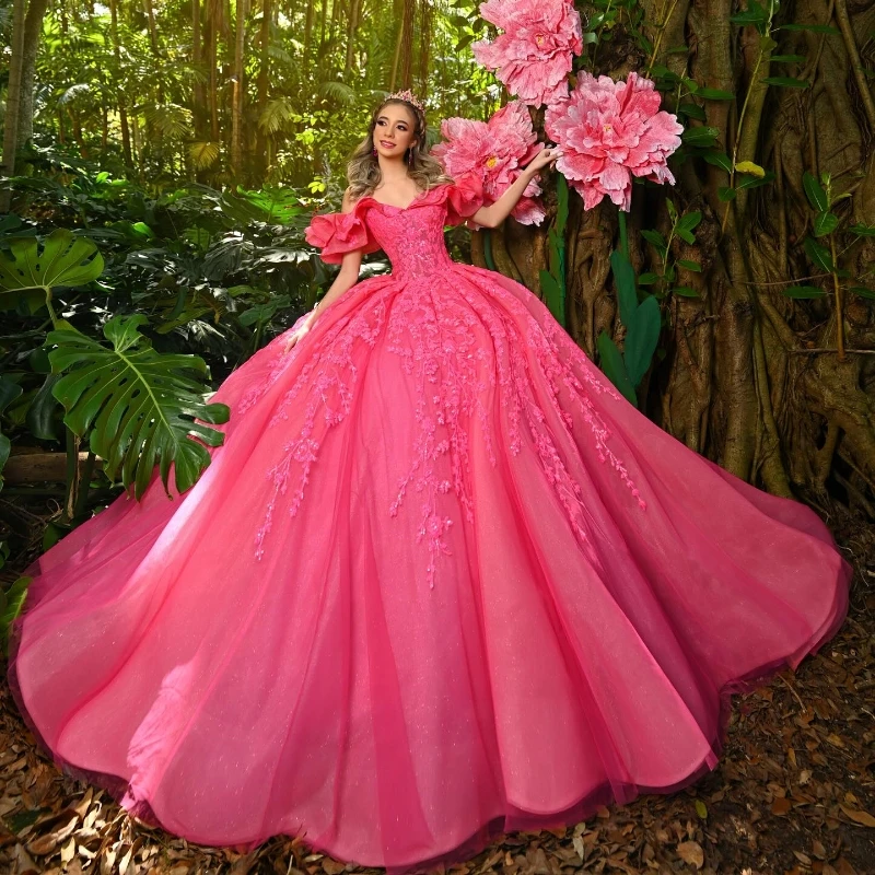 Rose Red Quinceanera Dress Off The Shoulder Applique Lace Tull Ball Gown vestidos para 15 vestido años Sequined Birthday Prom