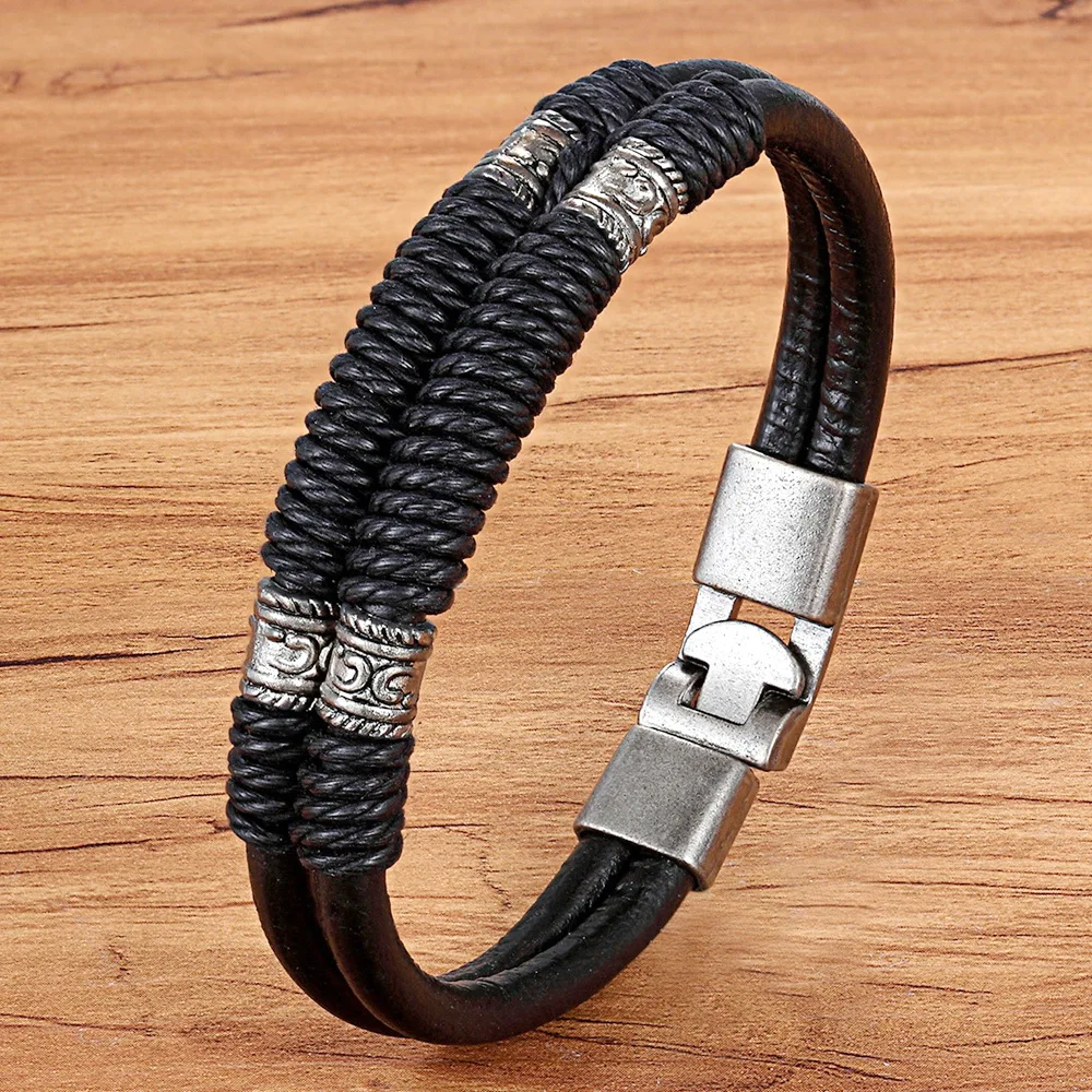 TYO Vintage Hand Woven Winding Rope Design Leather Bracelets Men Bangles Male Jewelry Accessories Stainless Steel Birthday Gift