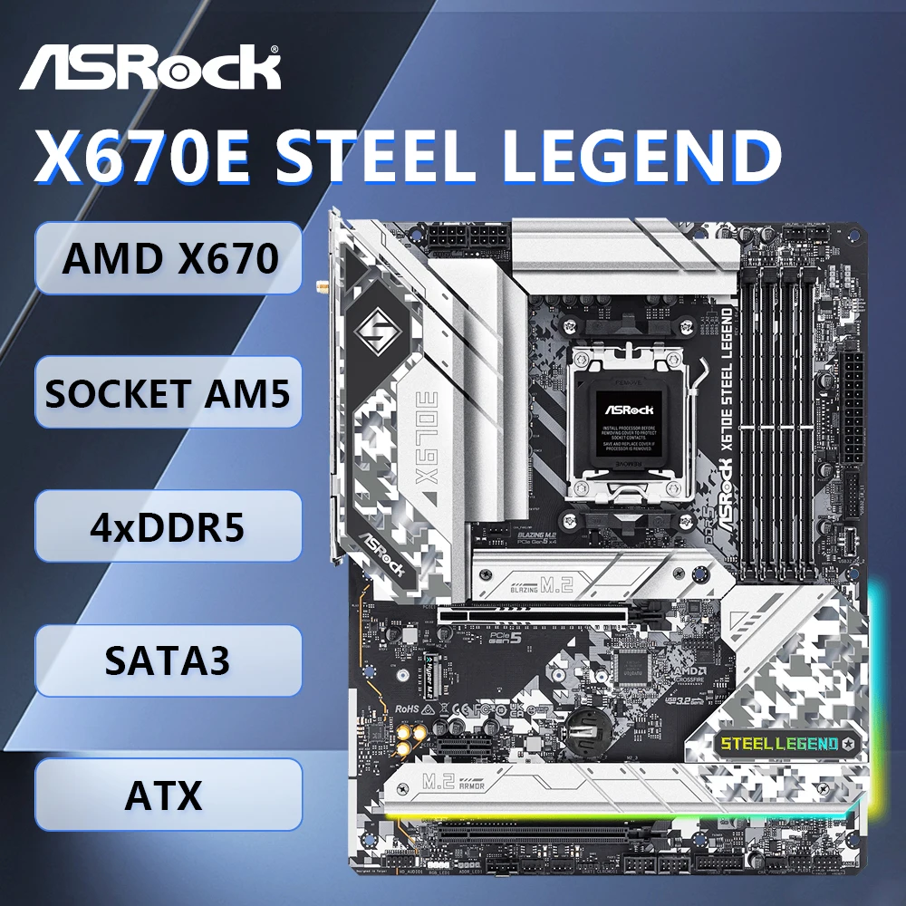 

Материнская плата ASRock X670E Steel Legend ATX AMD X670 с разъемом AM5 DDR5 SATA3 M.2 HDMI DP WIFI для серии AMD Ryzen 7000/8000/9000