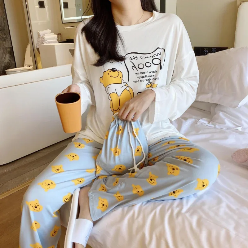 Disney's new Winnie the Pooh autumn pajamas cotton long crew neck two-piece silk pajamas women's loungewear women's pajamas