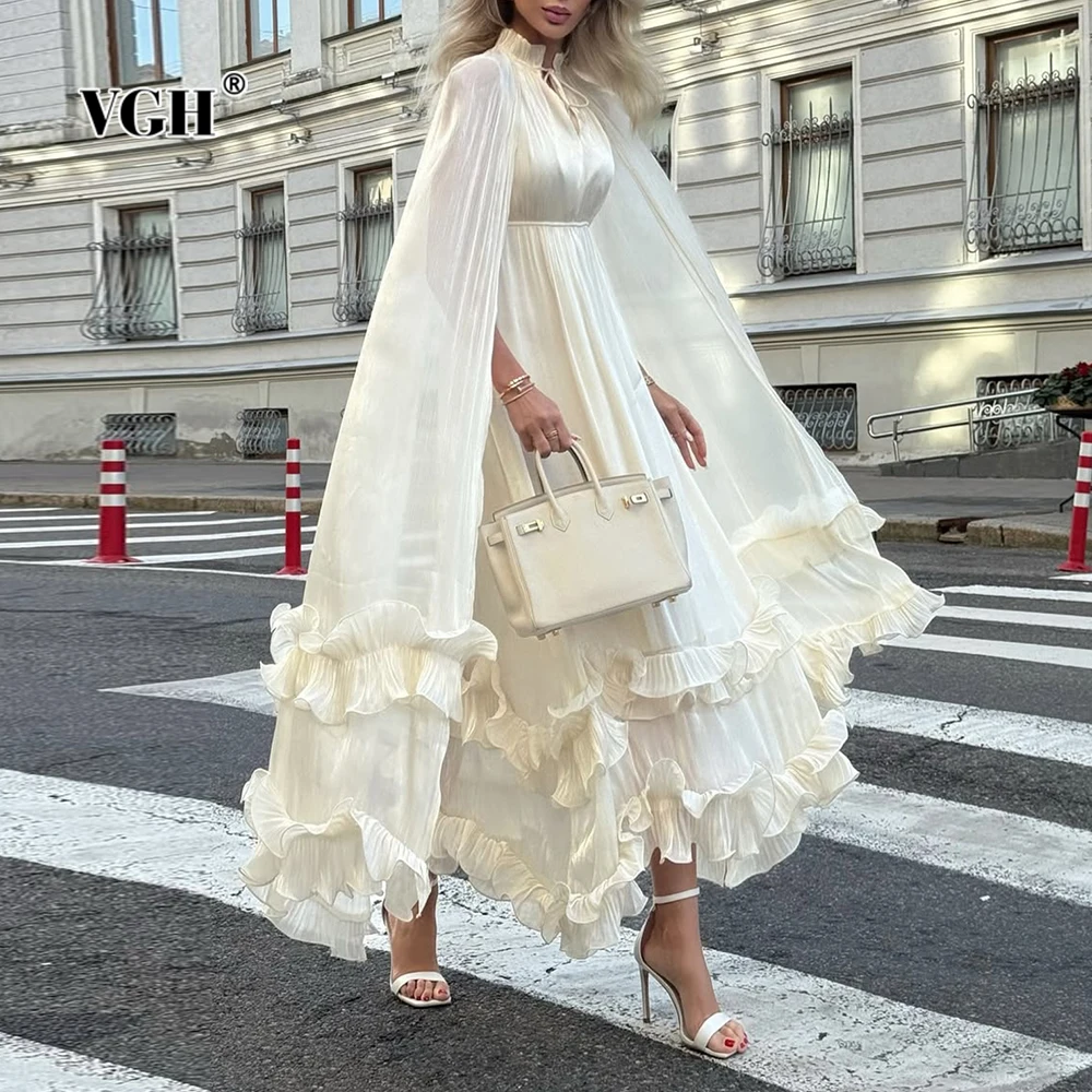 

VGH Solid Spliced Ruffles Cape Long Dresses for Women Stand Collar Sleeveless Pathwork Lace Up Elegant Midi Dresses Female Style