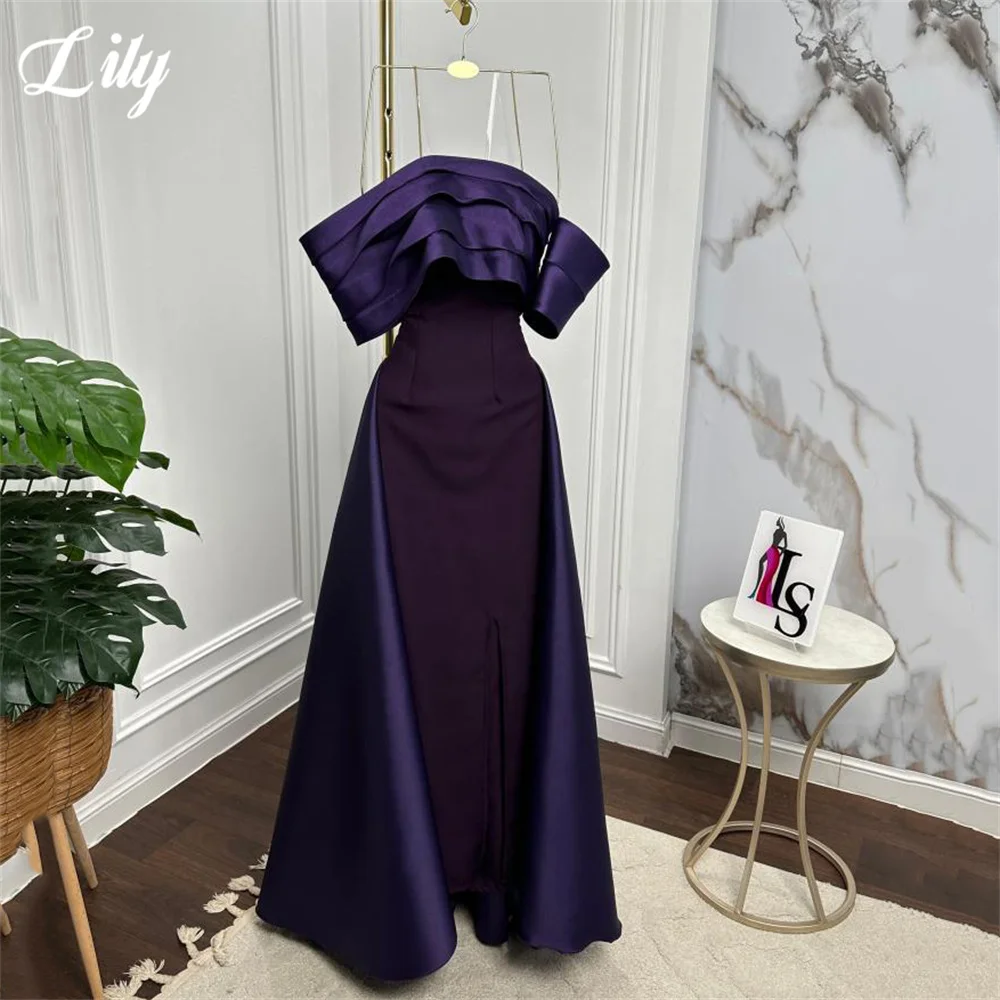 

Lily Purple Prom Dresses Off the Shoulder Gala Dresses Ruffed Memaid Saudi Arabic Evening Party Gown with Side Slit Customized