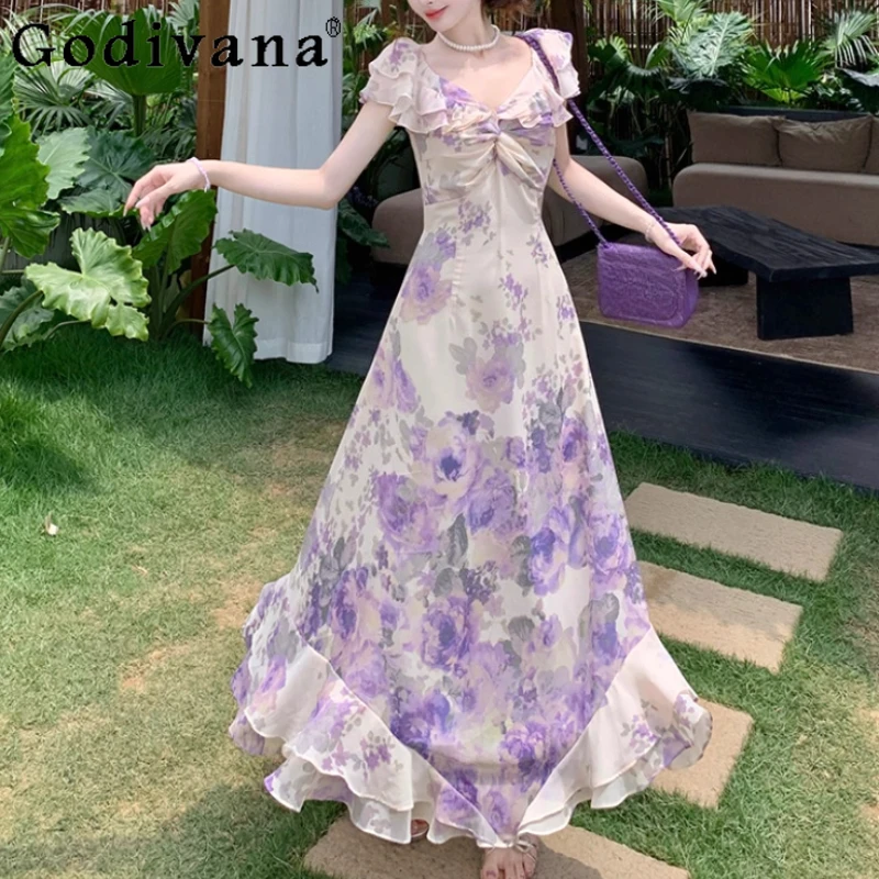 

Women Summer Large Size French Purple Floral Dress Fashion Girl Irregular High Waist Ruffles Short Sleeve V-Neck Chiffon Dresses