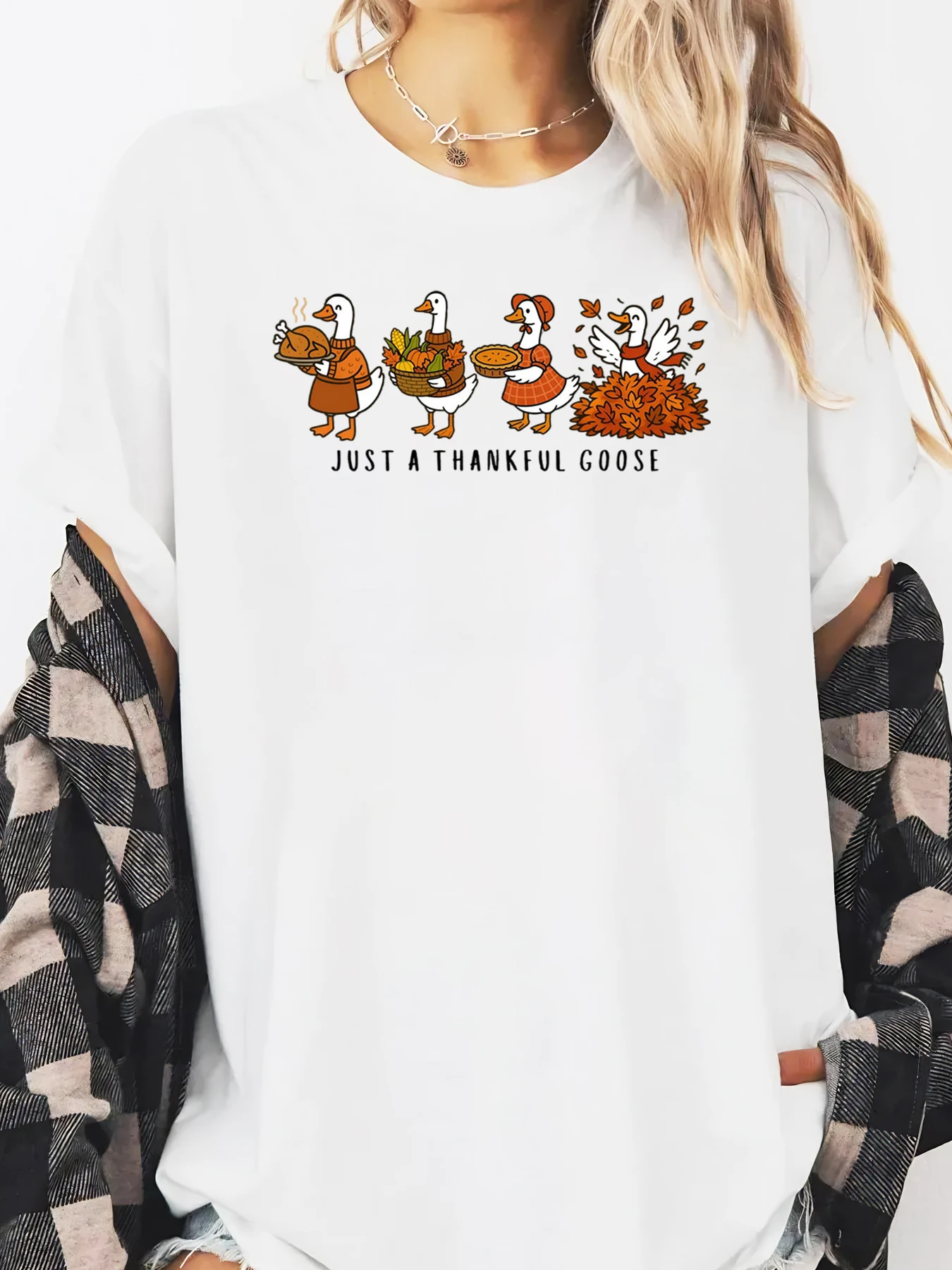 Thankful Goose Cartoon Print Thanksgiving Long Sleeve T-Shirt Women Casual Autumn Holiday Wear White Plus-size