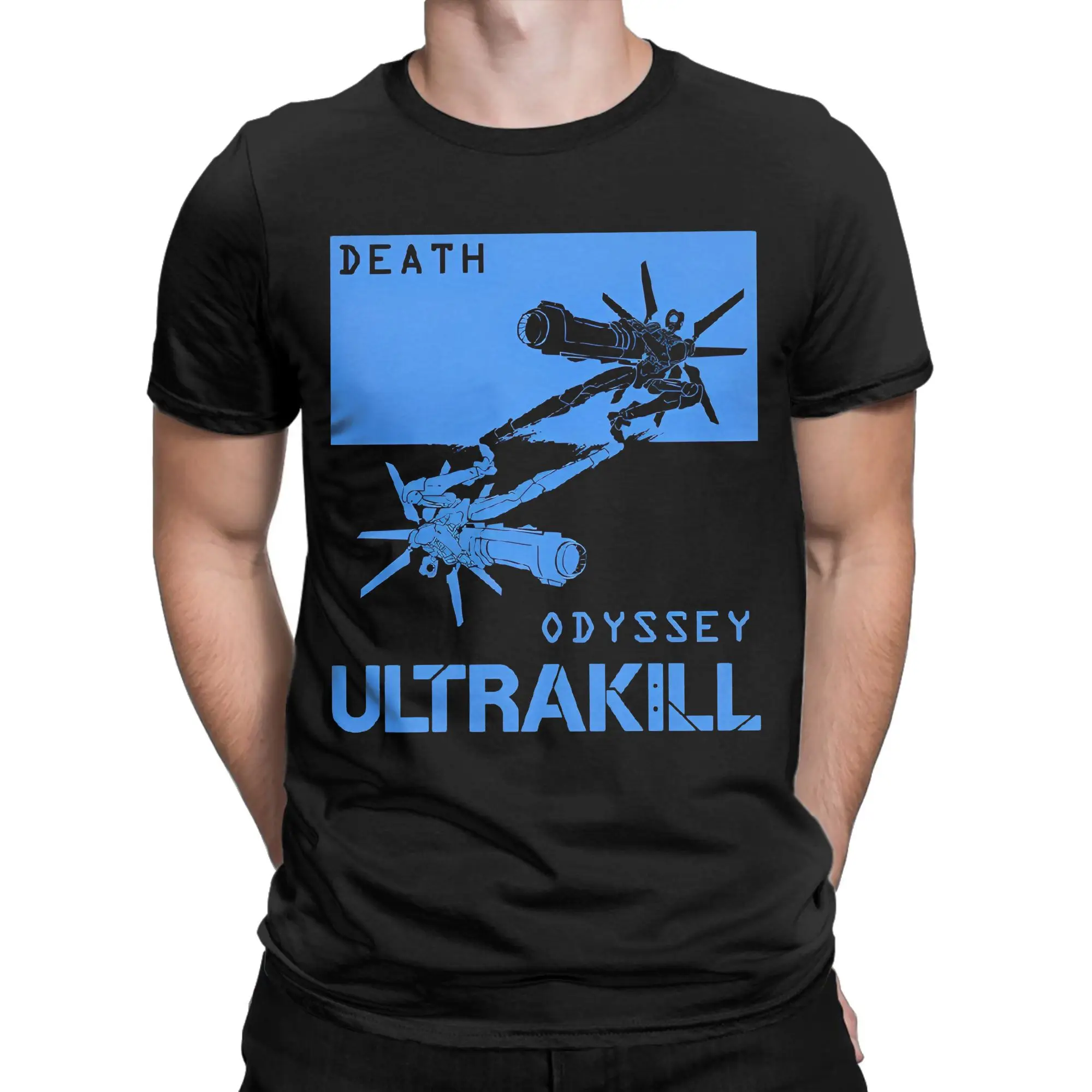 Ultrakill لعبة اطلاق النار الموت أوديسي تي شيرت الرجال القطن الخالص خمر تي شيرت الياقة المستديرة V1 روك تيز البضائع حجم كبير
