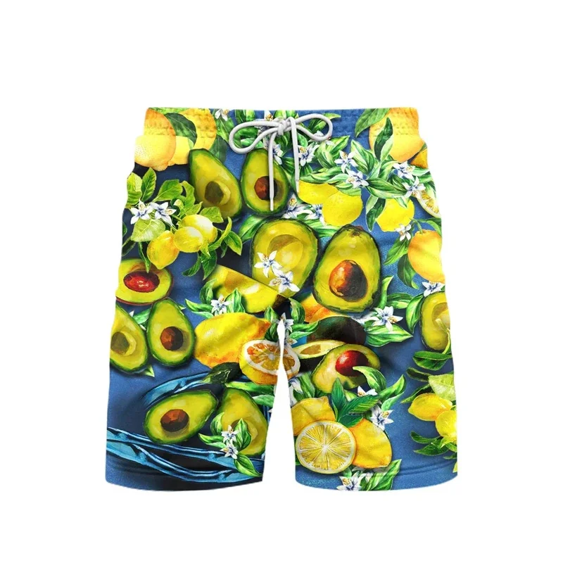 3D Printed Pineapple Avocado Short Pants Men Fruit Graphic Swim Trunks Summer Casual Hawaii Vacation Sports Surf Beach Shorts