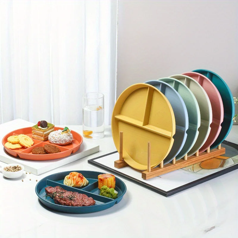 1pc Adult Weight Control Dinner Plate For Restaurant, 8 Colors, 3 Grids Round Plastic Individual Plate, Reusable Healthy Diet An