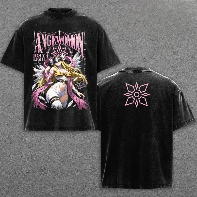 Digimon Angewomon Vintage Washed T Shirts Men Women Double Sided Print Anime Graphic Tees Loose Streetwear Short Sleeve T-shirts