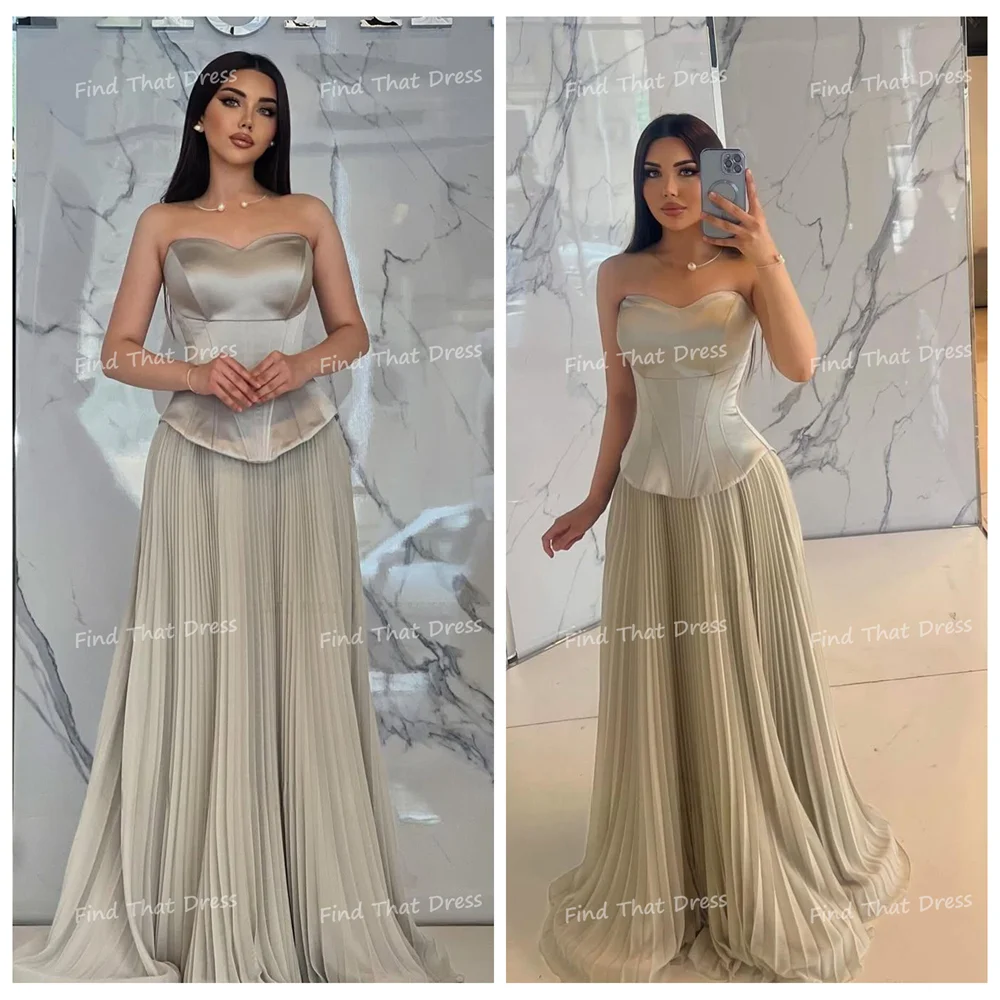 

Custom Made Elegant Pleated Strapless Saudi Arab Gown A-line Off Shoulder Draped Maxi Length Evening Dress with Train سعيد