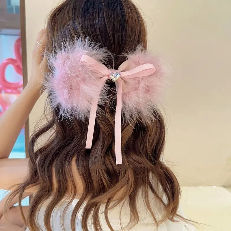 Luxury Feather Bow Hair Clip Plush Hairpin Clamps Winter Fashion Woman Rhinestone Hairgrips Headdress Hair Accessories Gifts