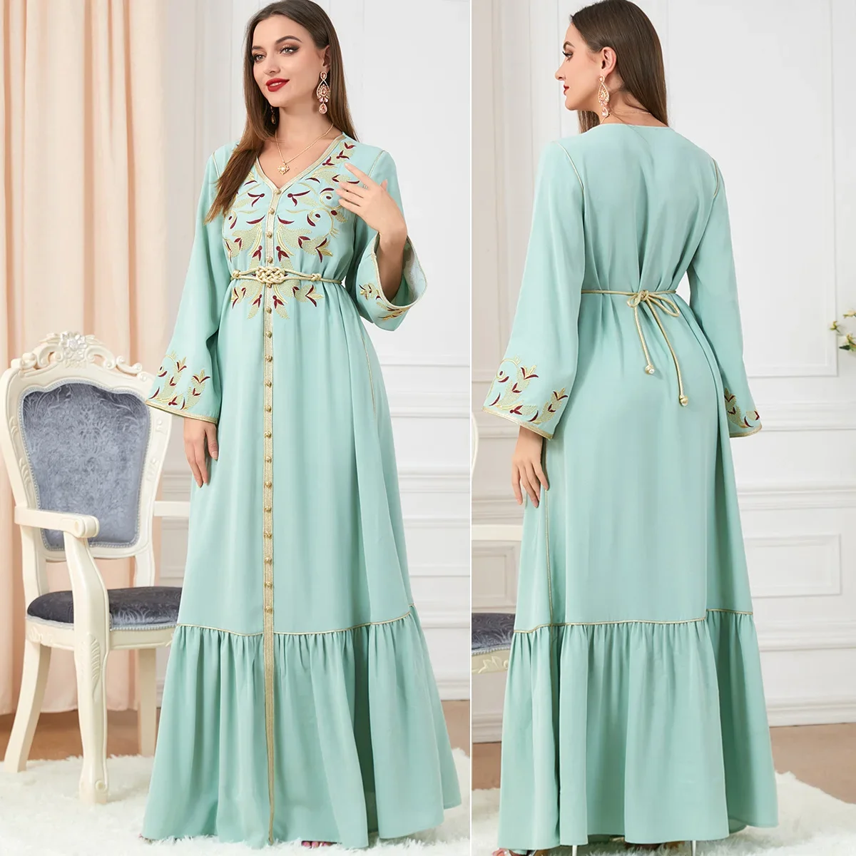 Women's Abaya Arab Eid Clothing Embroidery V-neck Long-sleeved Dress Women Solid Casual Caftan Dress Women Chiffon Maxi Skirt