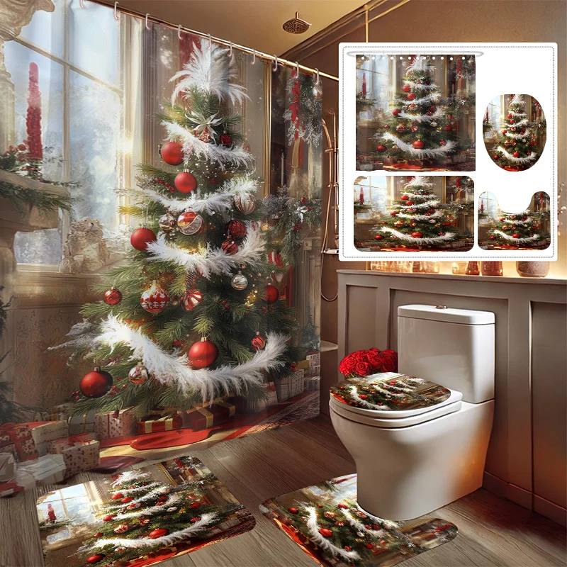 4Pcs Xmas Tree Print Bath Set, Shower Curtain, Non-Slip Mat, Toilet Cover, 12 Hooks, Bathroom Accessories, Holiday Decor, Gift