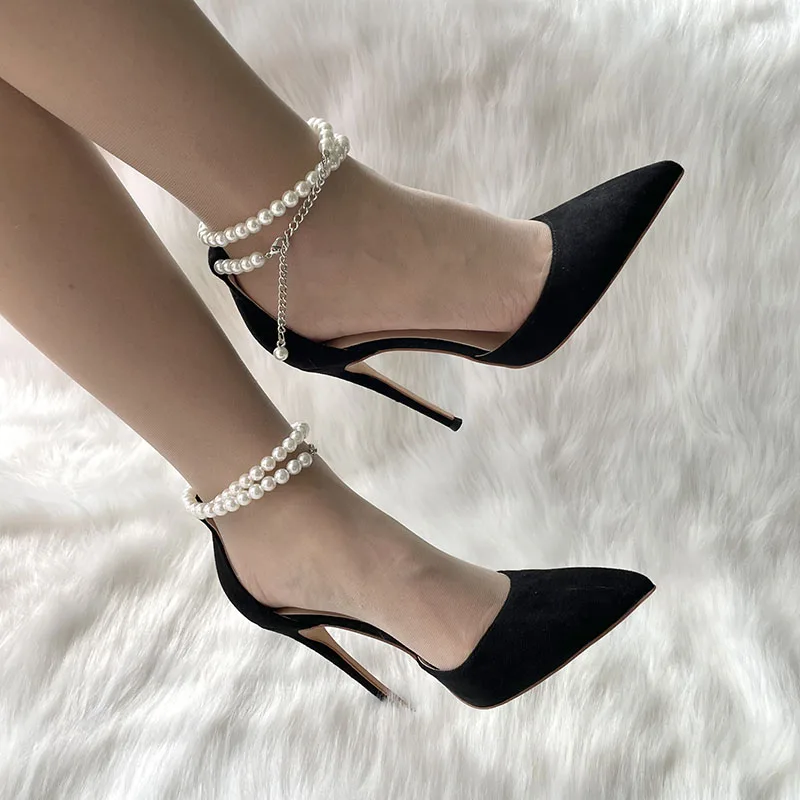 Free Shipping Black Sude Pearl Ankle Chain Two D‘Orsay Women Lady Hot Sale 120mm Highe Heel Spring Summer Shoes Pump Big Size