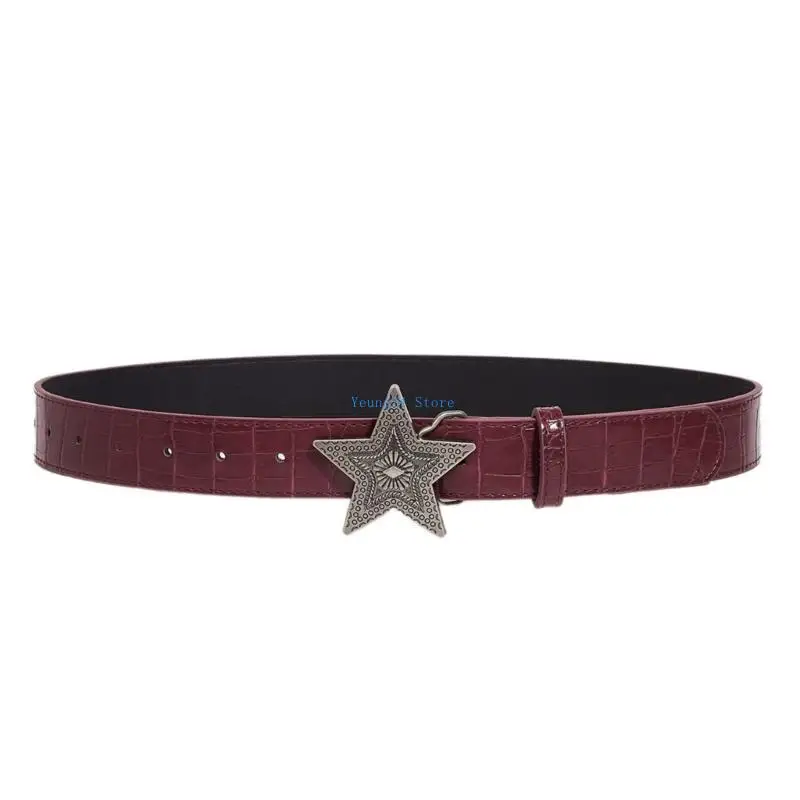 

P8DB Five Pointed Star PU Belt Women Embossed Belt 2000s Waistband Ethnic Waiststrap