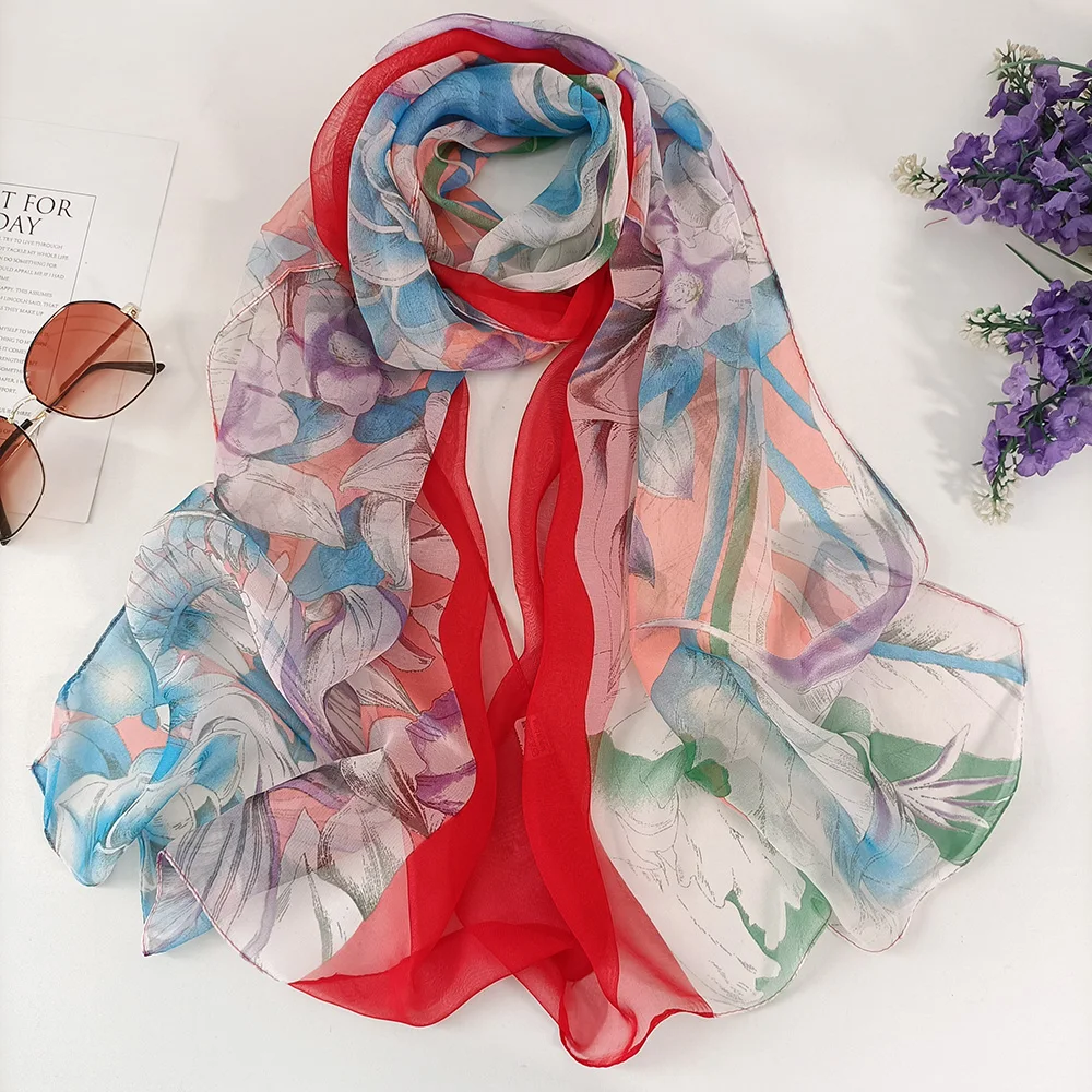 Summer Women Foulard Elegant Chiffon Georgette Gradient Flower Bandana Scarf Beach Sunscreen Thin Breathable