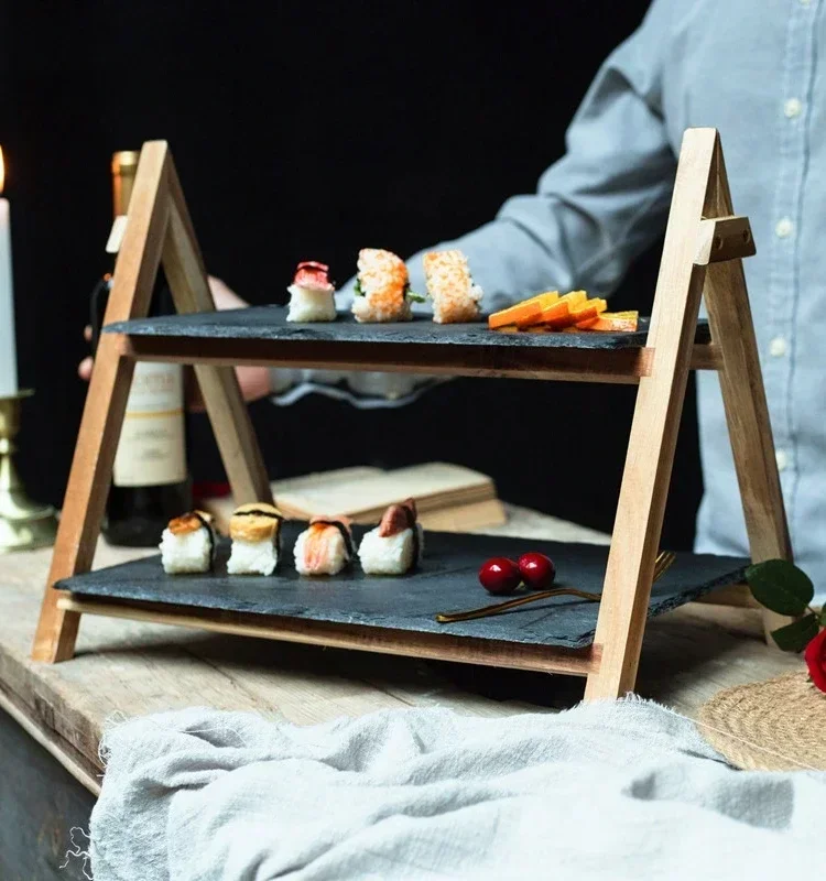 Plateau d'affichage de nourriture de buffet de restaurant d'assiette de sushi d'ardoise noire, support pliant de gâteau en bois