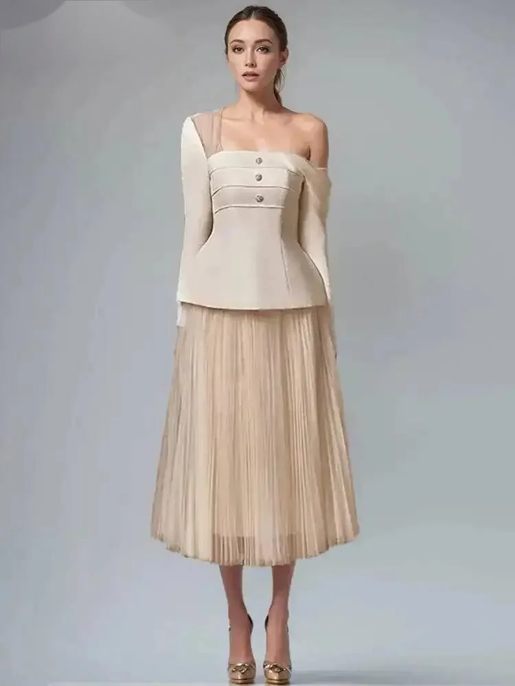 

Fashion Women's 2 Pcs Set Skew Collar Mesh Patchwork Backless Tops High Waist Gauze Skirt Suit Summer 2026 New 13DGNZ3
