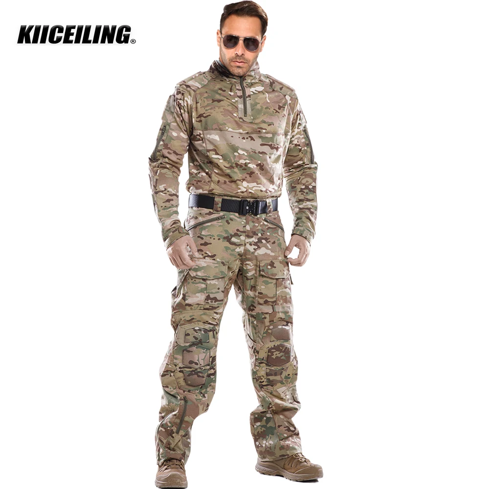 KIICEILING Outdoor Hunting  Multicam Shirts And Combat Pants Camouflage Tactical Uniform Clothes Ghillie Suit With Knee Pads