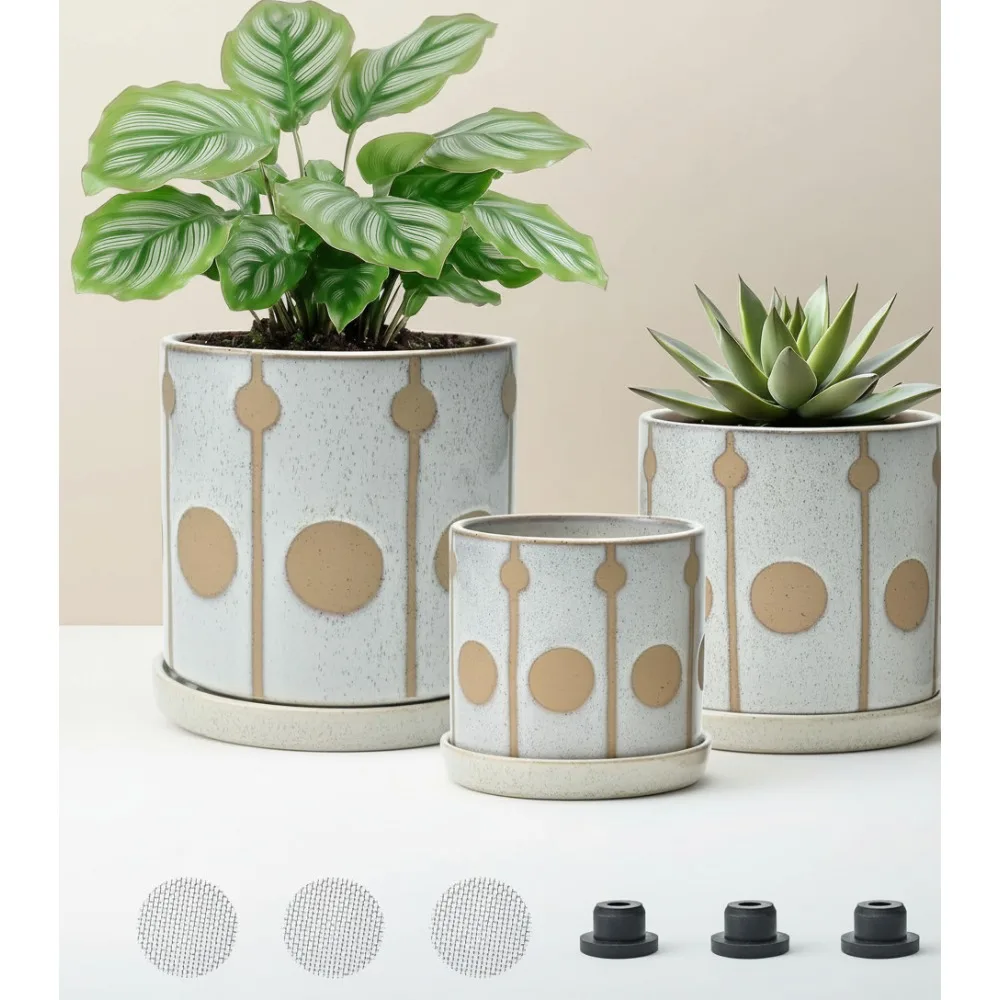 

Ceramic Plant Pots with Drainage Hole and Saucer, Indoor Flower Pot Set for Succulents Herbs Cacti, 3 Sizes Home Garden Decor