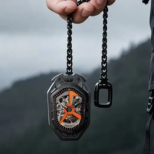 CRONUSART Men Automatic Watch 45mm*69mm Titanium Mechanical Pocket Watch Luminous Sapphire Mirror Skeleton Dial Cuban Link Chain