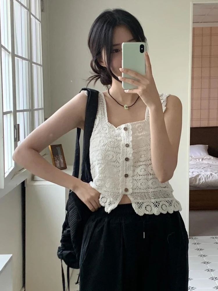 

Women's Knitted Hollow out Vintage Square Collar Single Button Cardigan Svel Top Chic Pure Desire Summer Faion