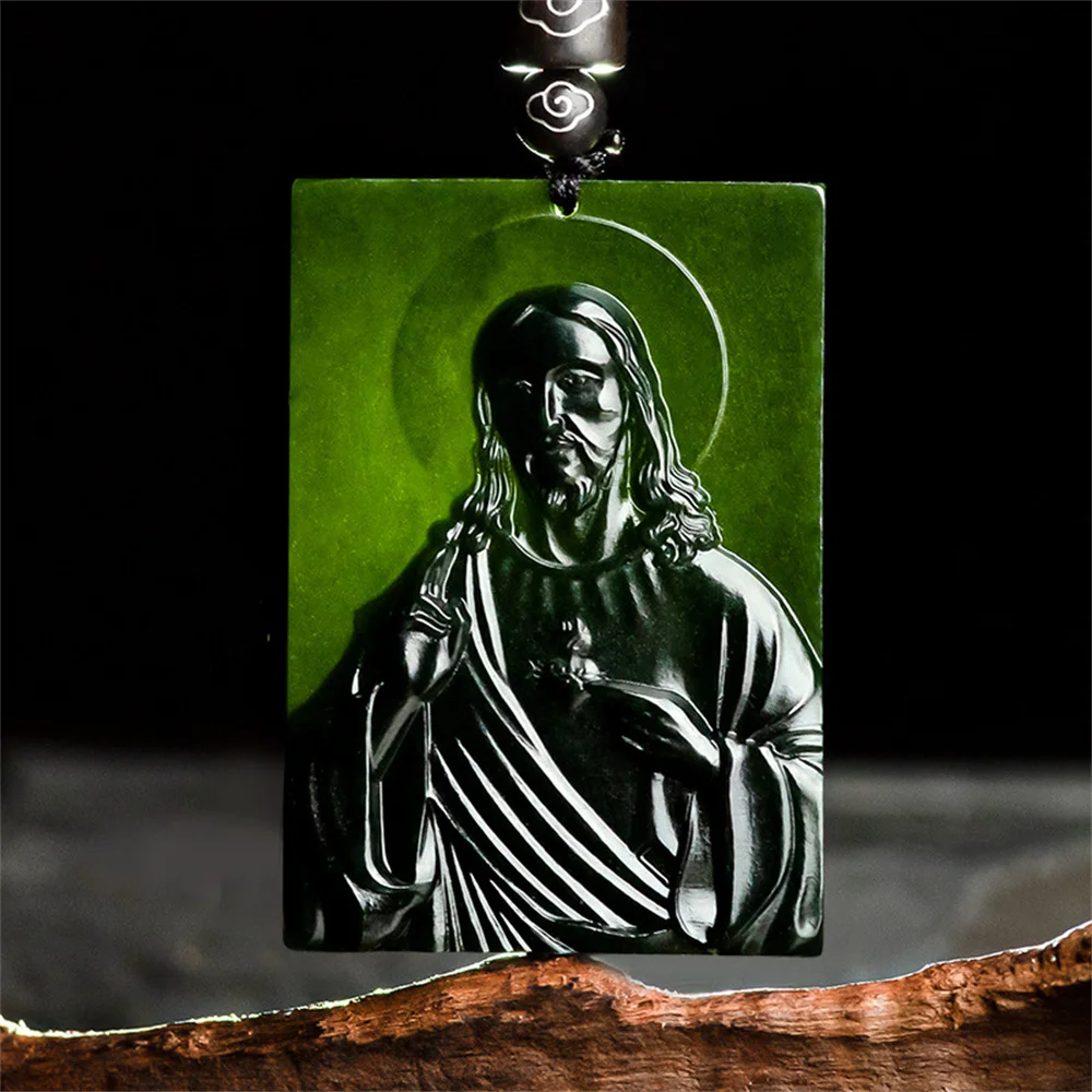 Charm Retro Natural Black HeTian Jade Carved Jesus Design Lucky Pendant Amulet Necklace Certificate Party Luxury Jade Jewelry