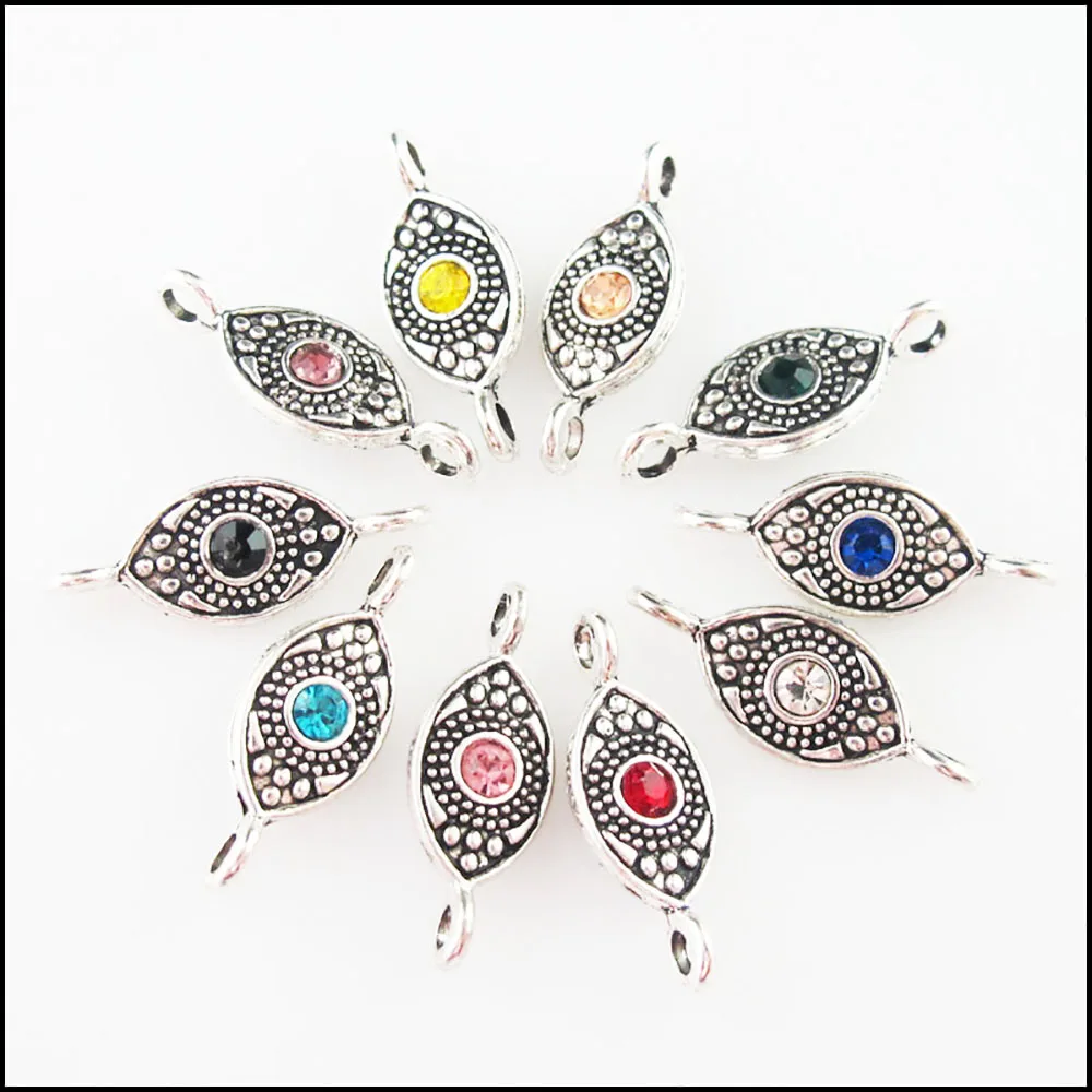 Fashion 20Pcs Mixed Crystal Tibetan Silver Plated Eye Flower Charms Connectors 8.5x23.5mm
