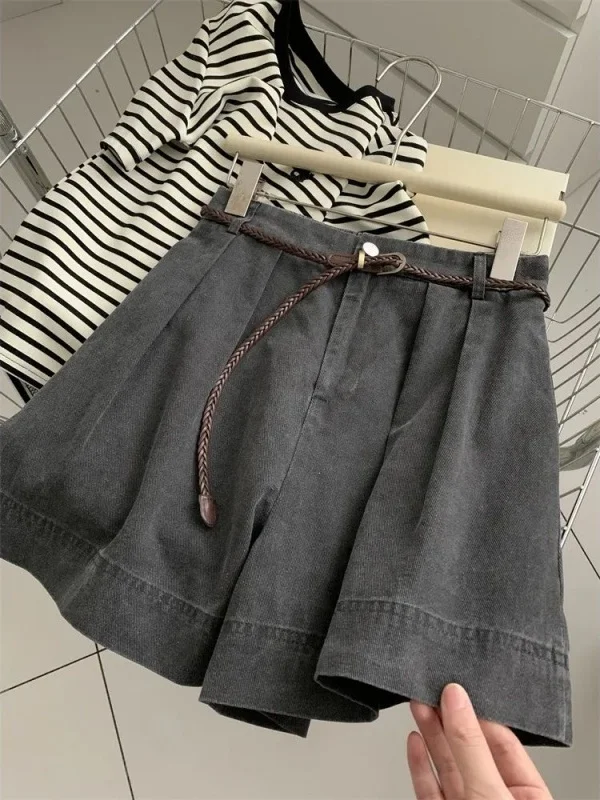

Washed Vintage High Waist Wide Leg Short Pants Belted Casual Trousers Korean Style Commute Wind Summer Season Ladies Jeans