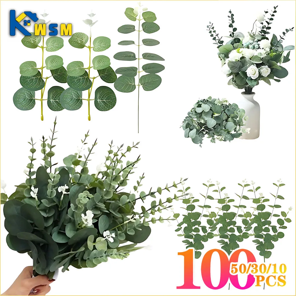 10–100 Stück 3 Arten Eukalyptusblätter, künstliche silberne Dollar-Blätter, Picks, getrockneter Eukalyptus, Heimdekoration, Party-Dekoration