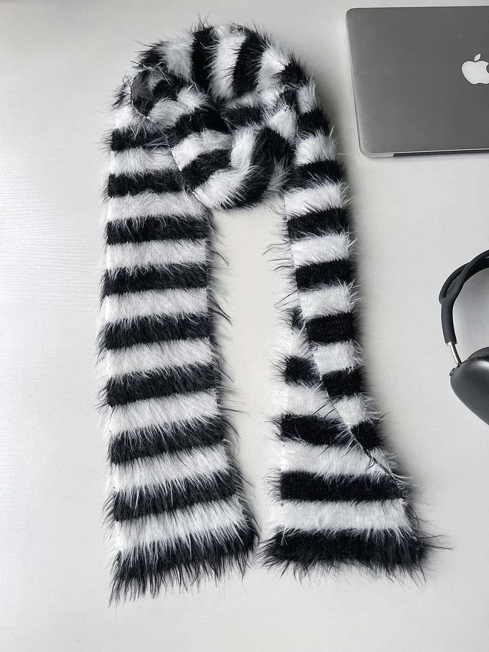 Plush Spinning Mink Black White Striped Knitted Long Scarf Women Winter Warmth Thin and Narrow Long Scarf Neck Protection Shawls